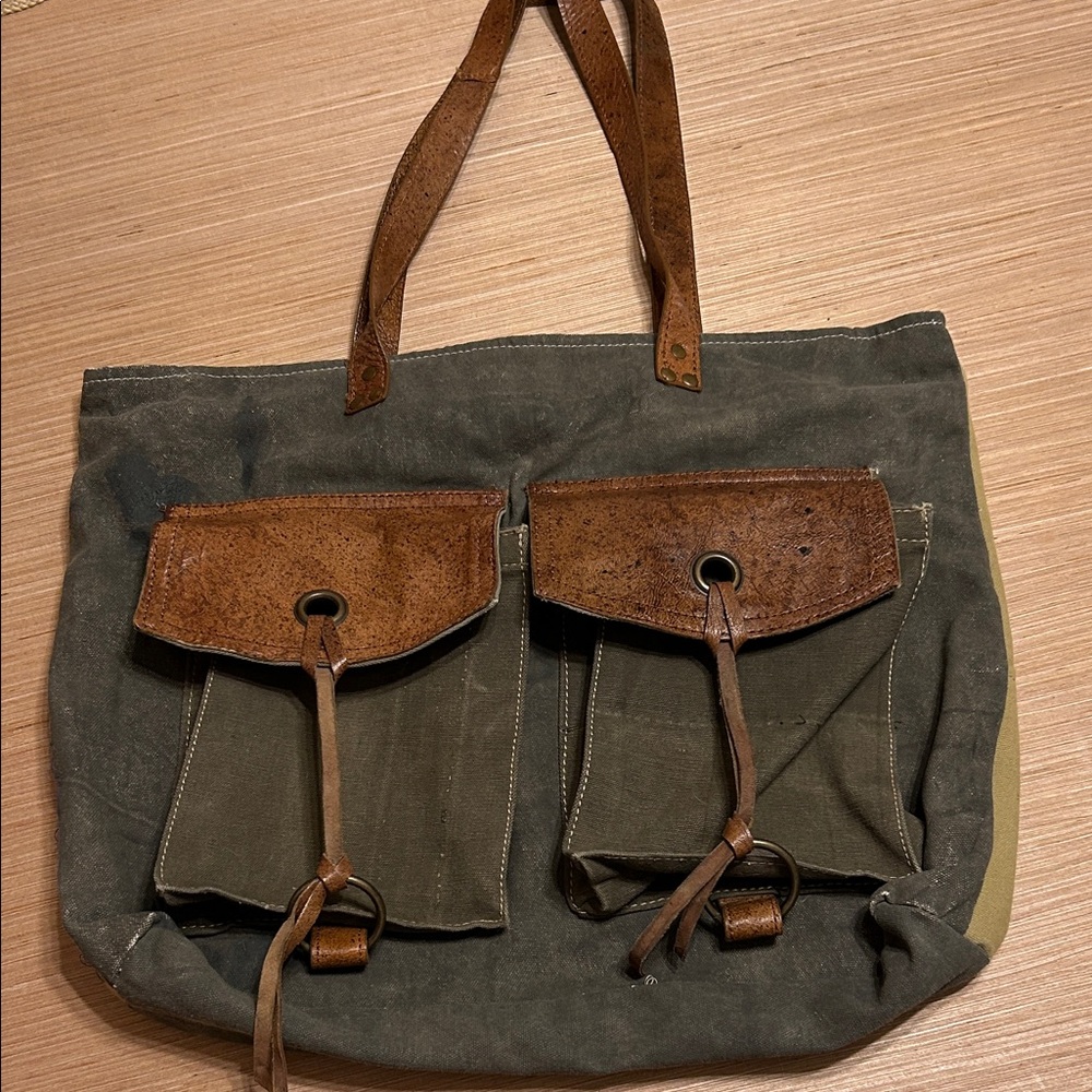 Canvas and Faux Leather Tote Bag made from reclaimed materials.  Handmade.